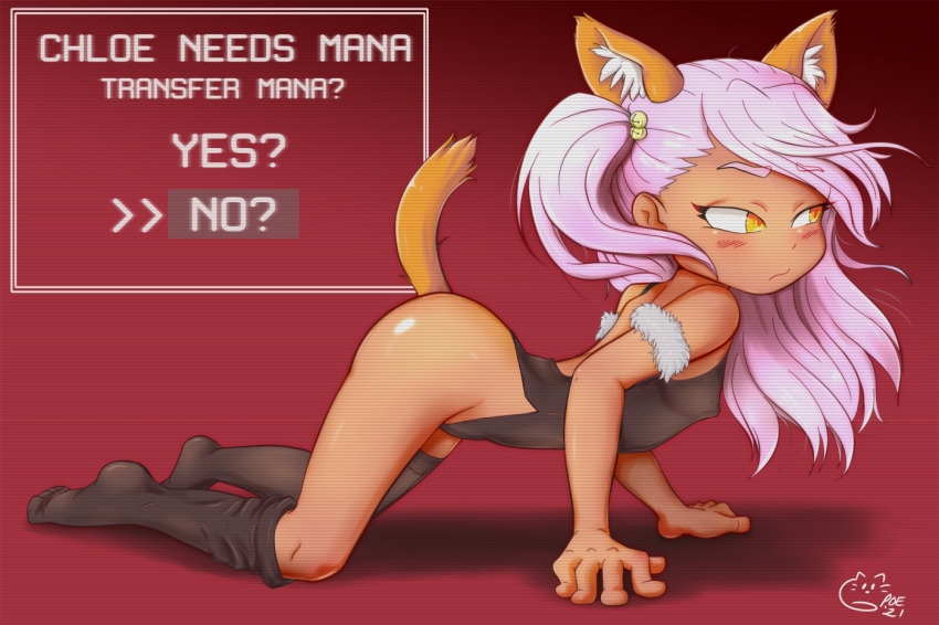 1girl all_fours animal_ears bare_hips bare_shoulders black_leotard black_thighhighs blush cat_ears cat_tail character_name chloe_von_einzbern closed_mouth covered_erect_nipples dark-skinned_female dark_skin dot_nose embarrassed english_text eyelashes fake_animal_ears fake_tail fate/kaleid_liner_prisma_illya fate_(series) female_focus flat_chest from_side full_body highleg highleg_leotard large_variant_set leotard loli long_hair looking_afar looking_to_the_side one_side_up pink_hair poethewondercat red_background simple_background solo tail thighhighs toes tsundere variant_set yellow_eyes