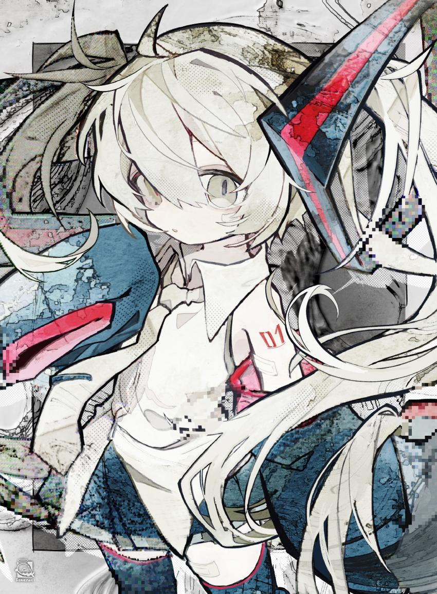 1girl absurdres ahoge arm_tattoo black_skirt black_sleeves collared_shirt commentary cowboy_shot detached_sleeves expressionless grey_eyes grey_hair grey_necktie grey_trim hair_between_eyes hatsune_miku highres long_hair miniskirt necktie pleated_skirt red_trim shirt skirt sleeveless sleeveless_shirt sleeves_past_fingers sleeves_past_wrists solo soresaki tareme tattoo tie_clip twintails untucked_shirt variant_set very_long_hair vocaloid white_shirt