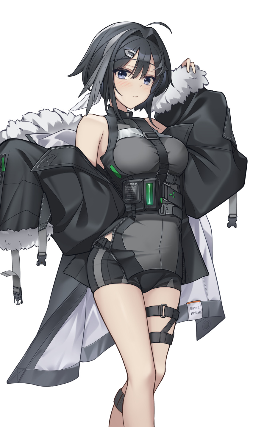 1girl absurdres ahoge arknights bare_shoulders black_eyes black_hair breasts feather_hair female_focus fur-trimmed_jacket fur_trim highres jacket la_pluma_(arknights) medium_breasts off_shoulder short_hair shorts solo white_background yeong_r6