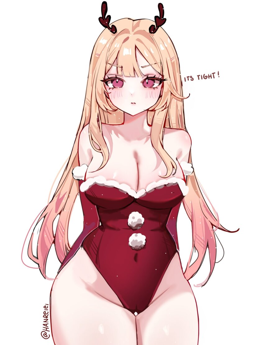 1girl antlers arms_behind_back bare_shoulders blonde_hair breasts cleavage commentary english_commentary english_text fur-trimmed_leotard fur_trim han_2792 highleg highres horns kitagawa_marin large_breasts leotard red_eyes reindeer_antlers santa_costume simple_background sono_bisque_doll_wa_koi_wo_suru thighs