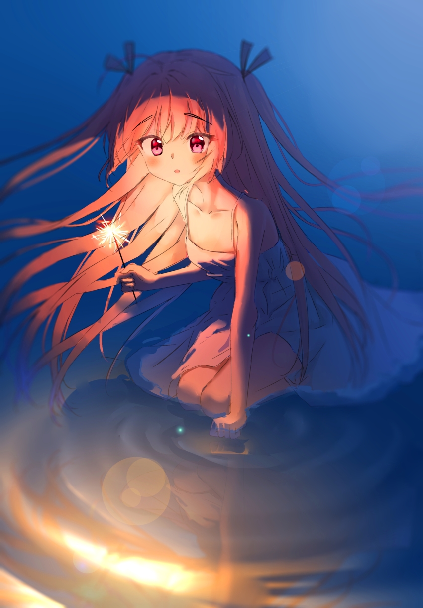 1girl :o absurdres ahoge atri atri-my_dear_moments- black_ribbon blush breasts brown_hair chinese_commentary clenched_hand collarbone commentary_request dress fireworks floating_hair full_body hair_between_eyes hair_ribbon highres holding holding_fireworks kneeling lens_flare long_hair looking_at_viewer night open_mouth outdoors red_eyes reflection reflective_liquid ribbon ripples sitting sitting_on_water sketch sleeveless sleeveless_dress small_breasts solo sparkler two_side_up underlighting very_long_hair water white_dress ze_ping45283