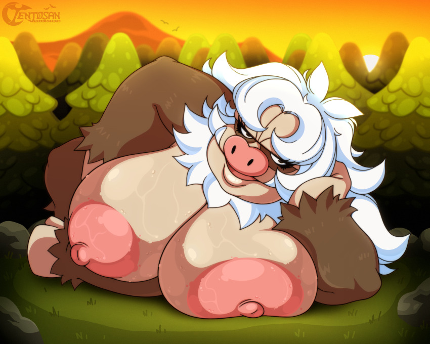 1girl breasts completely_nude female_focus furry furry_female gen_3_pokemon huge_breasts looking_at_viewer lying nintendo nipples nude open_mouth plump pokemon slaking smile solo tenjosan