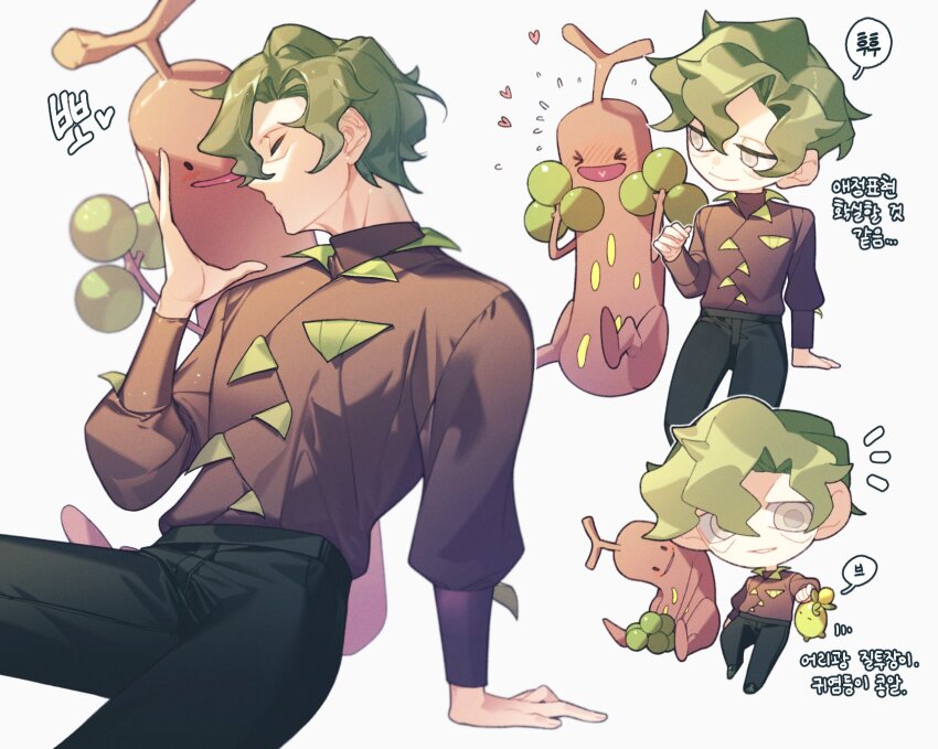 >_< 1boy black_pants brassius_(pokemon) brown_jacket chibi closed_eyes closed_mouth commentary_request flying_sweatdrops gen_2_pokemon green_hair heart heart_in_mouth highres jacket kiss korean_commentary korean_text long_sleeves male_focus multiple_views nintendo notice_lines pants pokemon pokemon_(creature) pokemon_sv rumong short_hair smile smoliv speech_bubble sudowoodo translation_request white_background