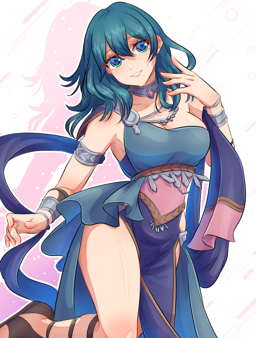 1girl ancient_greek_clothes armlet blue_eyes blue_hair blush breasts choker_jewel cleavage collarbone dancer dancer_(fire_emblem:_three_houses) detached_collar dress female_byleth_(fire_emblem) fire_emblem fire_emblem:_three_houses gem gladiator_sandals greco-roman_clothes hair_between_eyes highres jewelry large_breasts long_hair looking_at_viewer nintendo parted_lips pelvic_curtain sandals single-shoulder_dress single_strap smile solo symbol_in_eye thighs yaizaberry