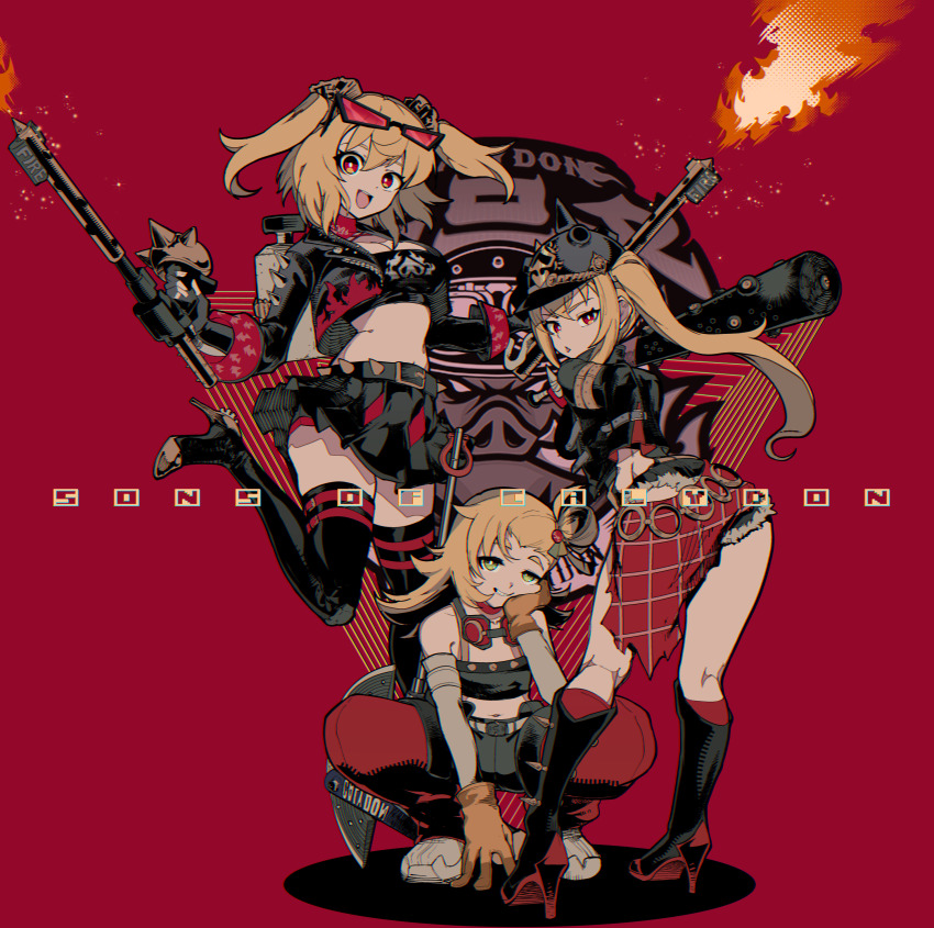 3girls absurdres bare_shoulders baseball_bat black_boots black_helmet black_jacket black_shirt black_shorts black_skirt black_thighhighs black_tube_top blonde_hair boots breasts burnice_white cleavage combat_helmet commentary_request crop_top detached_sleeves english_text eyewear_on_head fire flamethrower from_behind fur-trimmed_shorts fur_trim goggles goggles_around_neck green_eyes helmet highres holding holding_baseball_bat holding_flamethrower holding_weapon jacket large_breasts leg_up long_hair looking_at_viewer looking_back luciana_de_montefio mask mask_around_neck metal_baseball_bat micro_shorts midriff multiple_girls navel open_mouth pants parted_lips pickelhaube piper_wheel propane_tank red-tinted_eyewear red_background red_eyes red_pants respirator ryuu_tou shirt shoes short_eyebrows short_twintails shorts side_ponytail skirt smile spiked_belt spiked_jacket spiked_shirt squatting standing standing_on_one_leg strapless sunglasses thick_eyebrows thighhighs tinted_eyewear tube_top twintails weapon white_shoes zenless_zone_zero