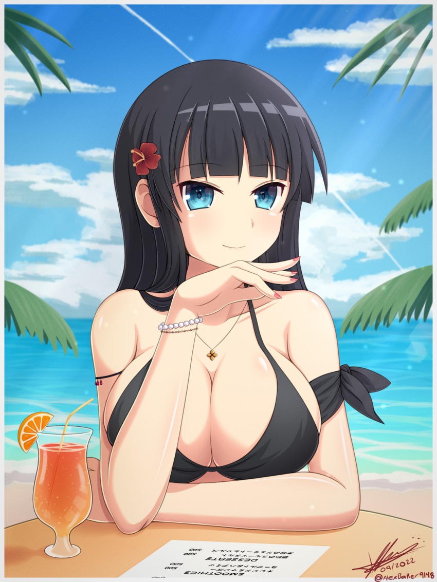 1girl alex_baker arm_on_table arm_ribbon bikini black_bikini black_hair black_ribbon blue_eyes blunt_bangs blush breasts cleavage commentary drinking_straw english_commentary flower food fruit hair_flower hair_ornament halterneck hand_on_own_chin highres ikaruga_(senran_kagura) jewelry large_breasts long_hair looking_at_viewer menu necklace ocean orange_(fruit) paper ribbon senran_kagura smile smoothie swimsuit table