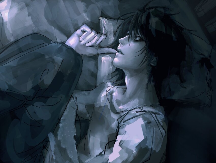 1boy bags_under_eyes bent_back commentary_request death_note highres l_(death_note) lips looking_at_viewer lying male_focus nose on_bed on_side pants rizz2235 shirt short_hair solo thumb_to_mouth white_shirt