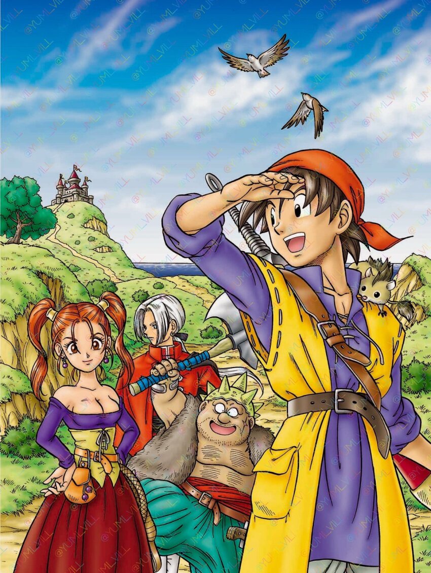 1girl 3boys animal animal_on_shoulder aqua_pants arm_up axe bandana belt belt_buckle bird black_eyes blue_shirt blue_sky breasts brown_eyes brown_hair buckle bush cape castle cleavage cloud cloudy_sky commentary_request corset cross_scar dragon_quest dragon_quest_viii earrings facial_hair facial_scar fat fat_man fur_vest grass grey_hair hair_pulled_back hands_on_own_hips hero_(dq8) highres holding holding_axe holding_weapon horizon jacket jessica_albert jewelry kukuru_(dq8) long_hair low_ponytail medium_breasts metal_hair_tubes mouse_(animal) multiple_boys munchie_(dq8) murakami_yumiko ocean off-shoulder_shirt off_shoulder open_mouth orange_bandana orange_hair outdoors pants ponytail red_cape red_jacket red_skirt scar scar_on_cheek scar_on_face shirt short_hair skirt sky sleeves_rolled_up smile sphere_earrings spiked_hat spiked_helmet stubble sword sword_on_back toriyama_akira_(style) tree vest weapon weapon_on_back yangus yellow_corset yellow_vest
