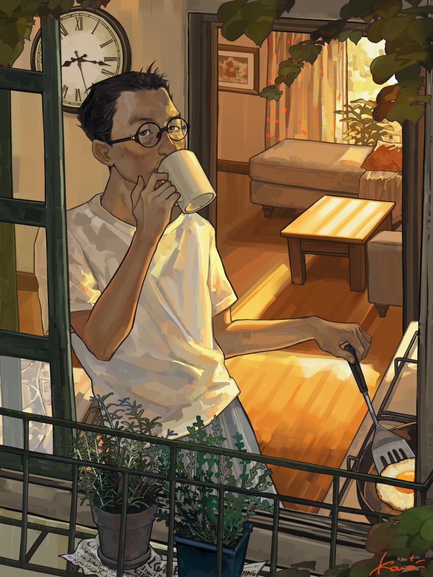 1boy absurdres analog_clock black_eyes black_hair breakfast clock commentary cooking cowboy_shot cup curtains disco_elysium english_commentary frying_pan glasses highres holding holding_cup holding_spatula indoors kim_kitsuragi kozmoraven1610 looking_at_viewer looking_to_the_side male_focus open_window plant potted_plant shirt short_hair solo spatula t-shirt white_shirt window window_light