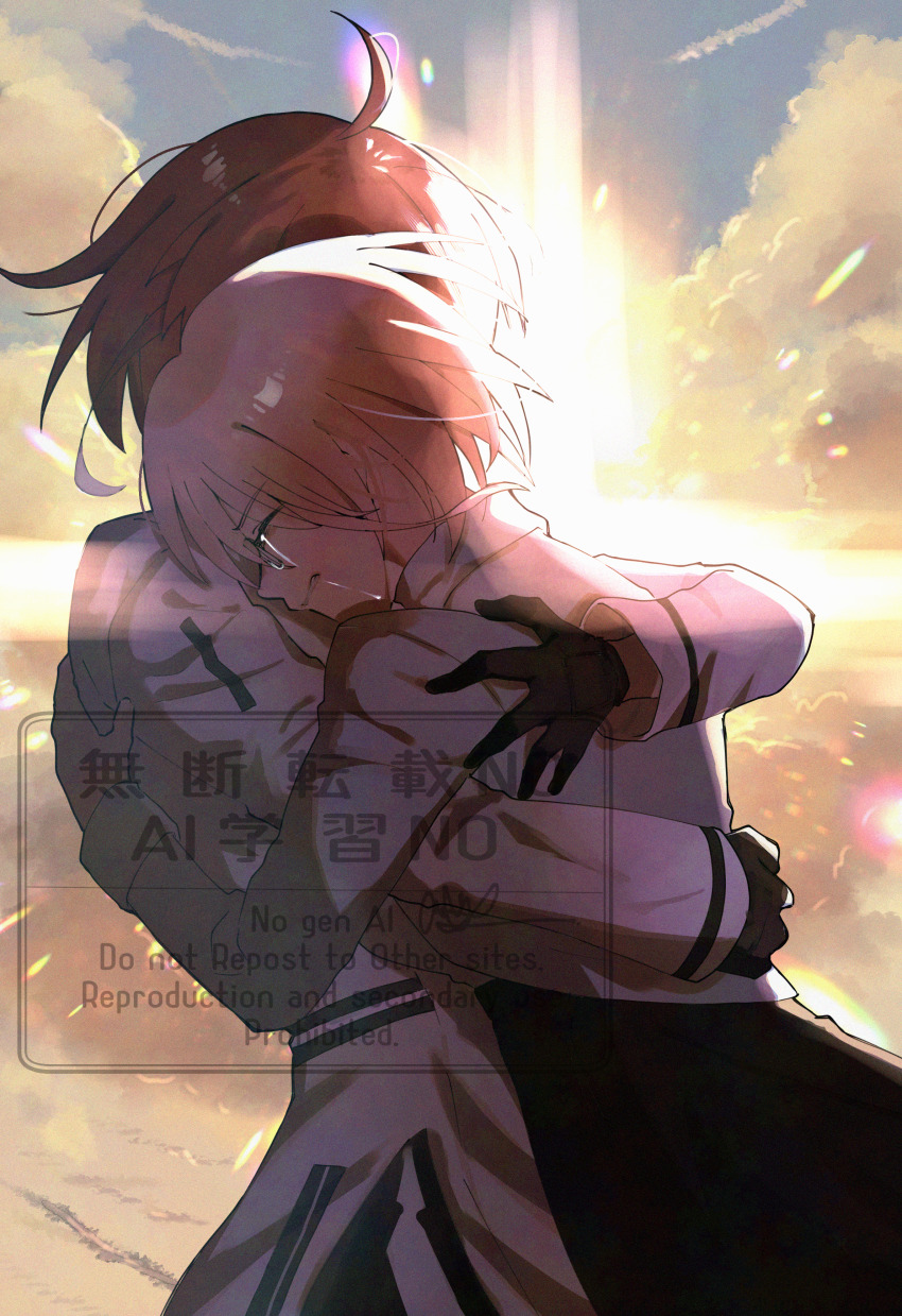 2girls absurdres ahoge awapontasu backlighting black_gloves black_skirt cloud commentary_request crying dress fate/grand_order fate_(series) fujimaru_ritsuka_(female) fujimaru_ritsuka_(female)_(decisive_battle_chaldea_uniform) glasses gloves highres hug jacket mash_kyrielight multiple_girls pink_hair red_hair skirt streaming_tears tears watermark white_dress white_jacket