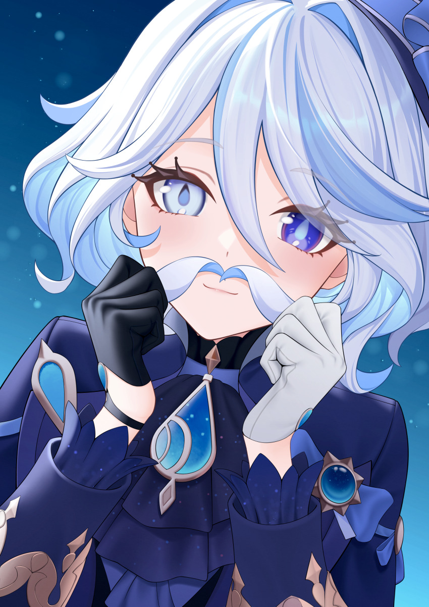 1girl absurdres black_gloves blue_background blue_eyes blue_hair chinese_commentary closed_mouth colored_inner_hair commentary_request drop-shaped_pupils facial_hair fake_facial_hair fake_mustache furina_(genshin_impact) genshin_impact gloves hair_between_eyes half_gloves hat heterochromia highres long_sleeves looking_at_viewer multicolored_hair mustache sasaki3rd short_hair smile solo streaked_hair symbol-shaped_pupils upper_body white_gloves white_hair