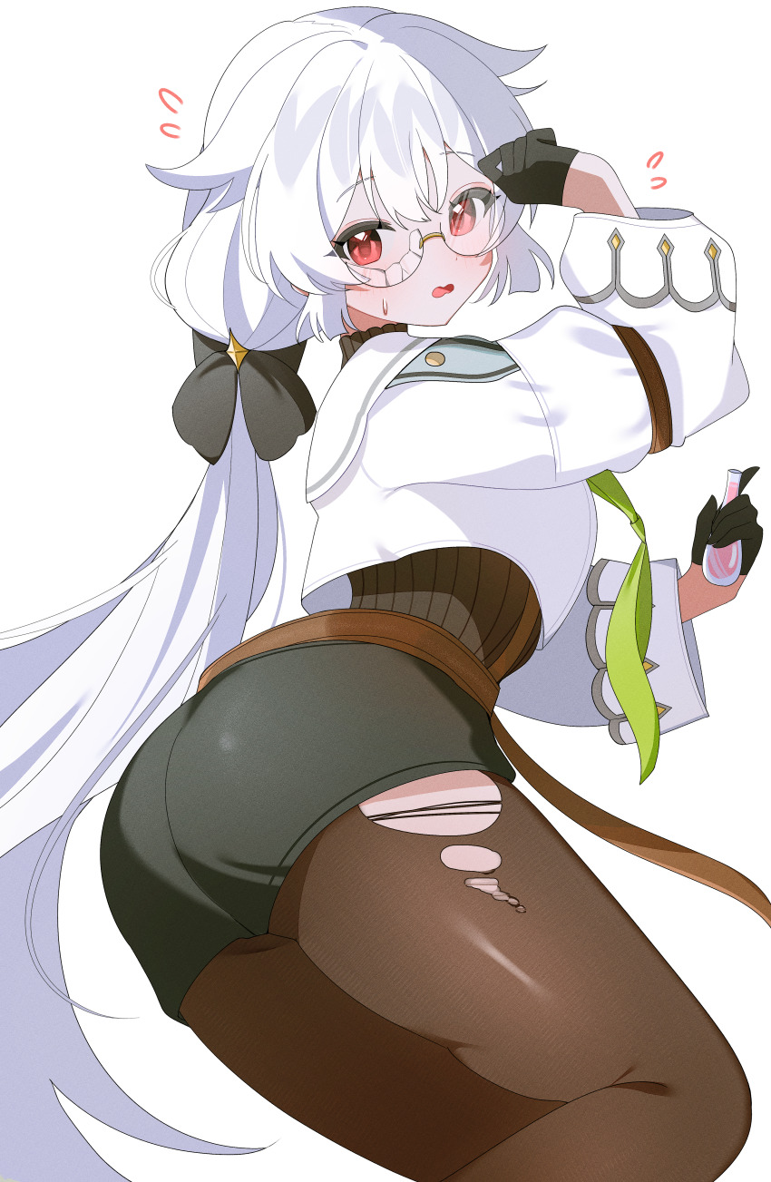 1girl absurdres adjusting_eyewear black_gloves black_pantyhose black_shorts black_sweater broken_eyewear commentary cropped_jacket flying_sweatdrops fuyuka_(probation_period_cleared!)_(stella_sora) fuyuka_(stella_sora) glasses gloves hair_flaps half_gloves hand_up highres holding jacket open_mouth pantyhose red_eyes short_shorts shorts shusuchii solo squiggle stella_sora sweater symbol-only_commentary torn_clothes torn_pantyhose wavy_hair white_hair white_jacket