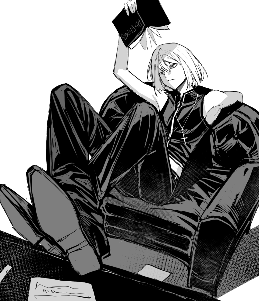 1boy bare_arms bare_shoulders black_pants black_shoes black_vest bob_cut chair closed_mouth cropped_vest cross cross_necklace crossed_ankles death_note death_note_(object) dress_shoes full_body hair_between_eyes highres holding holding_notebook huang_du_du jewelry male_focus medium_hair mello_(death_note) midriff necklace notebook pants shoes sitting solo vest white_background