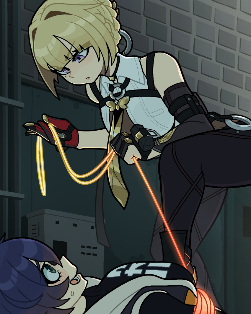 2girls absurdres bare_shoulders belle_(zenless_zone_zero) black_pants blonde_hair blue_hair blunt_bangs blush bound brick_wall evelyn_chevalier gloves grey_eyes highres holding indoors leggings looking_at_another lying muds multiple_girls on_back pants parted_lips short_hair tied_up_(nonsexual) zenless_zone_zero