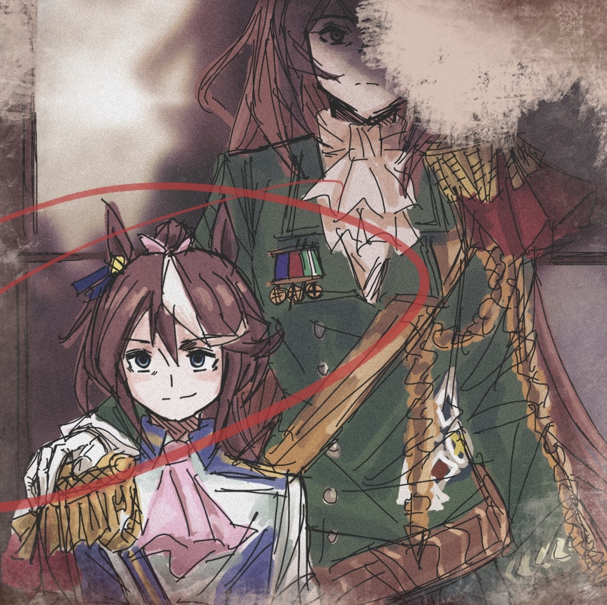 2girls aiguillette animal_ears ascot belt blazer blue_eyes blue_ribbon bow brown_belt brown_hair buttons cape closed_mouth collared_jacket collared_shirt commentary cowboy_shot ear_ornament ear_ribbon english_commentary epaulettes expressionless green_jacket hair_bow hand_on_another's_shoulder happy high_collar high_ponytail highres horse_ears horse_girl indoors j_(jojoon02) jacket lapels light_frown long_hair long_sleeves looking_ahead medal military_uniform multicolored_hair multiple_girls notched_lapels pink_ascot pink_bow ponytail red_cape ribbon shaded_face shadow shirt side_cape single_epaulette smile streaked_hair string string_of_fate symboli_rudolf_(emperor's_path)_(umamusume) symboli_rudolf_(umamusume) tokai_teio_(peak_joy)_(umamusume) tokai_teio_(umamusume) umamusume upper_body very_long_hair white_ascot white_shirt window