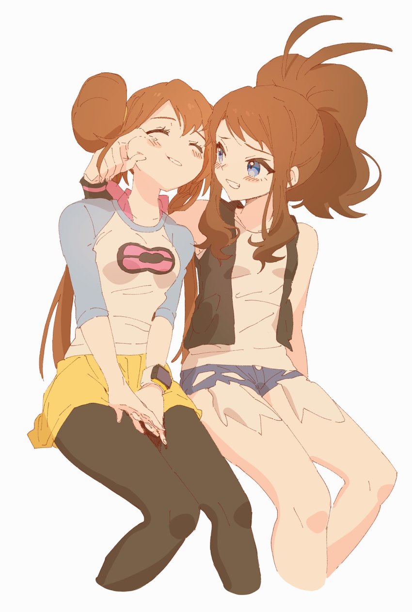 >_< 2girls ankea_(a-ramo-do) arm_over_shoulder arms_behind_back black_legwear blue_eyes blush brown_hair cheek_pinching cheek_pull bad_tag closed_eyes couple cutoffs denim denim_shorts double_bun grabbing hair_bun highres hilda_(pokemon) hug long_hair long_sleeves multiple_girls nintendo pantyhose pinching pokemon pokemon_bw pokemon_bw2 rosa_(pokemon) shirt short_sleeves shorts sitting smile yellow_shorts yuri