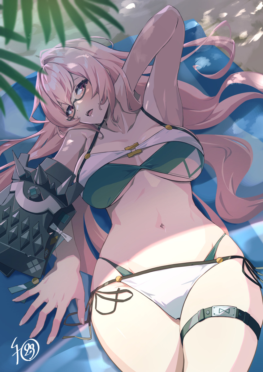 1girl absurdres beach beach_mat bikini breasts commentary_request glasses green_bikini highres kz_nezu3 large_breasts long_hair looking_at_viewer lying navel on_back outdoors parted_lips pink_eyes pink_hair solo stomach swimsuit thigh_strap thighs tsukishiro_yanagi very_long_hair white_bikini zenless_zone_zero