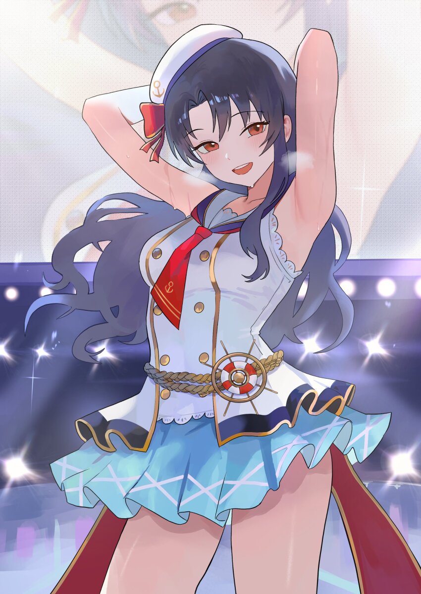 1girl absurdres anchor_print armpits arms_behind_head bare_shoulders beret black_hair blue_skirt blush breasts brown_eyes commentary_request cowboy_shot hair_over_shoulder hashtag-only_commentary hat highres idolmaster idolmaster_million_live! idolmaster_million_live!_theater_days long_hair medium_breasts nbee_ya necktie open_mouth parted_bangs pleated_skirt red_necktie sailor_collar senkou_hanabi_dan_(idolmaster) shirt skirt sleeveless sleeveless_shirt solo stage takayama_sayoko teeth thighs upper_teeth_only white_hat white_sailor_collar white_shirt zenryoku_cheerleader_(idolmaster)
