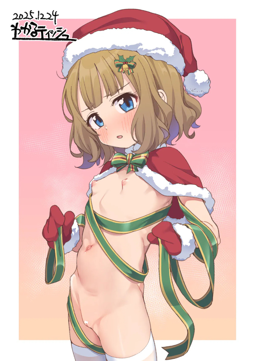 1girl artist_name bar_censor bell blue_eyes blush border bow bowtie breasts brown_background brown_hair capelet censored christmas cleft_of_venus dated fur-trimmed_capelet fur-trimmed_gloves fur-trimmed_headwear fur_trim gloves gradient_background green_bow green_bowtie green_ribbon hair_bell hair_bow hair_ornament hat highres hip_bones holding holding_ribbon idolmaster idolmaster_million_live! kanabun leaf_hair_ornament loli looking_at_viewer lossy-lossless md5_mismatch medium_hair naked_ribbon navel nipples outside_border parted_lips pink_background pom_pom_hat_ornament pussy red_capelet red_gloves red_hat ribbon santa_costume santa_hat small_breasts solo striped_bow striped_bowtie striped_clothes suou_momoko thighhighs webp-to-png_conversion white_border white_thighhighs