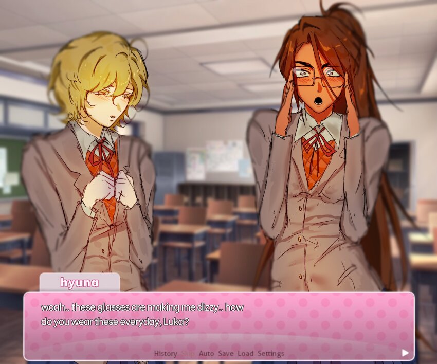 2girls alien_stage anniqx blazer blonde_hair blush brown_sweater_vest character_name classroom collared_shirt commentary dialogue_box doki_doki_literature_club doki_doki_literature_club_school_uniform english_commentary english_text genderswap genderswap_(mtf) glasses grey_eyes grey_jacket highres hyuna_(alien_stage) jacket long_hair luka_(alien_stage) multiple_girls neck_ribbon open_mouth ponytail red_ribbon ribbon school_uniform shirt sweater_vest white_shirt yellow_eyes