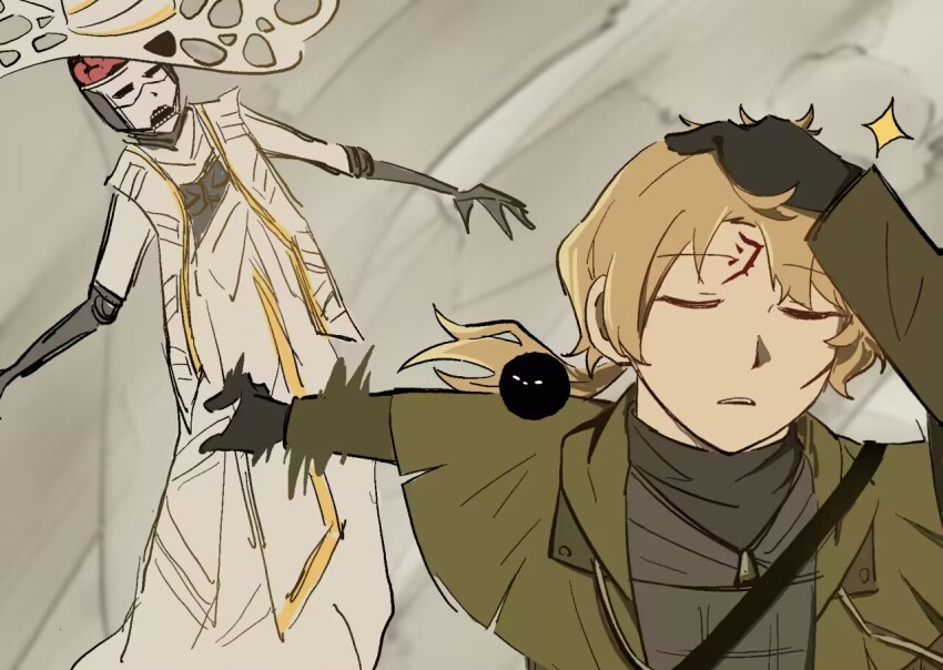 2boys a_certain_sinclair_(project_moon) bird black_bird black_gloves blonde_hair callisto_(project_moon) closed_eyes closed_mouth coat gloves green_coat hand_up hat jewelry limbus_company male_focus meme mubzhmngdedngp1 multiple_boys naoya_hitting_choso_without_looking_(meme) necklace open_mouth parody project_moon prosthesis prosthetic_arm short_hair sinclair_(project_moon) white_hat