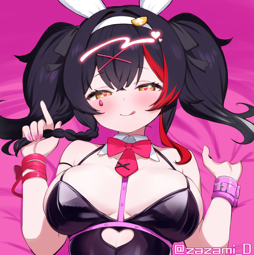 1girl :q alternate_costume animal_ears bed_sheet black_hair black_ribbon blush bow bowtie braid breasts breasts_apart brown_eyes clothing_cutout commentary_request cutout_above_navel detached_collar facial_mark fake_animal_ears hair_ornament hair_ribbon hairband half-closed_eyes heart heart-shaped_pupils heart_cutout highres hololive kani_bonara large_breasts long_hair looking_at_viewer multicolored_hair nail_polish necktie on_bed ookami_mio pink_nails rabbit_ears rabbit_hole_(vocaloid) red_bow red_bowtie red_hair red_necktie red_ribbon ribbon sheet_grab short_necktie single_braid solo streaked_hair symbol-shaped_pupils tongue tongue_out twintails twitter_username upper_body virtual_youtuber white_hairband x_hair_ornament