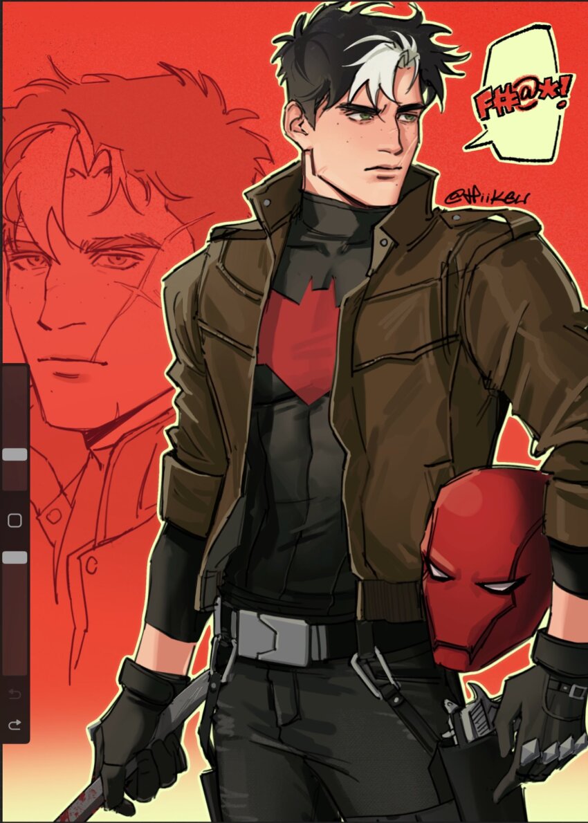 1boy bat_signal batman_(series) batman_symbol black_bodysuit black_gloves black_hair blue_eyes bodysuit brown_jacket dc_comics gloves grey_bodysuit highres hiikeu jacket male_focus mask multicolored_bodysuit muscular muscular_male open_clothes pants red_hood_(dc) red_hood_and_the_outlaws red_mask short_hair superhero_costume taut_bodysuit two-tone_bodysuit