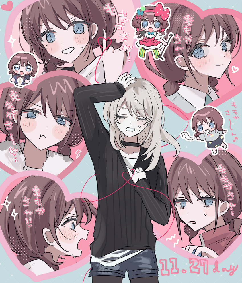 2girls absurdres black_choker black_pantyhose black_sweater blue_eyes blue_shorts blush bow brown_hair chibi chibi_inset choker clutching_chest commentary crying crying_with_eyes_open dated fur_trim girls_band_cry grey_hair hair_bow hamchan69 heart highres iseri_nina kawaragi_momoka koe_naki_sakana long_hair long_sleeves low_twintails multicolored_hair multiple_girls open_mouth pantyhose pantyhose_under_shorts pinky_out pout roots_(hair) short_hair short_twintails shorts string string_of_fate sweatdrop sweater tears twintails yuri