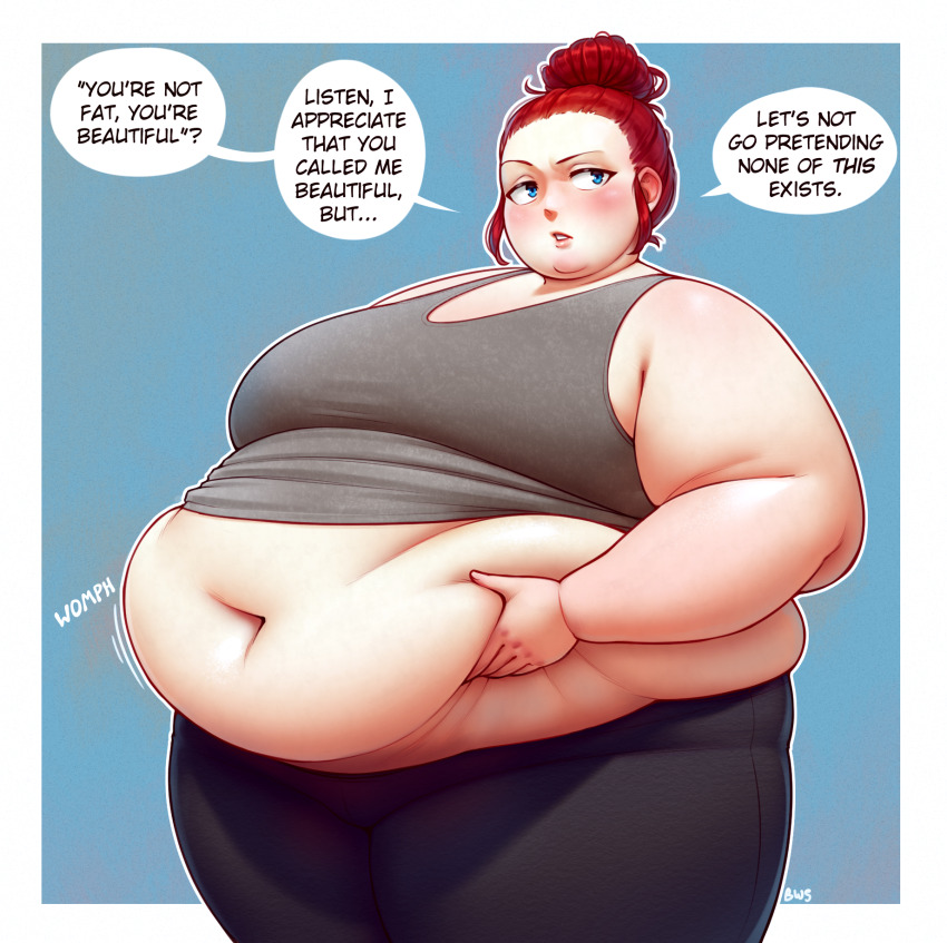 1girl aqua_background artist_name belly_grab better-with-salt big_belly black_pants blue_eyes blush border breasts cowboy_shot double_chin english_text fat fat_woman forehead frown furrowed_brow grabbing_own_stomach grey_tank_top hair_bun hair_pulled_back highres large_breasts looking_to_the_side motion_lines muffin_top navel obese original outside_border pants parted_lips red_hair sidelocks single_hair_bun solo speech_bubble standing tank_top thick_arms thick_thighs thighs tight_clothes undersized_clothes white_border