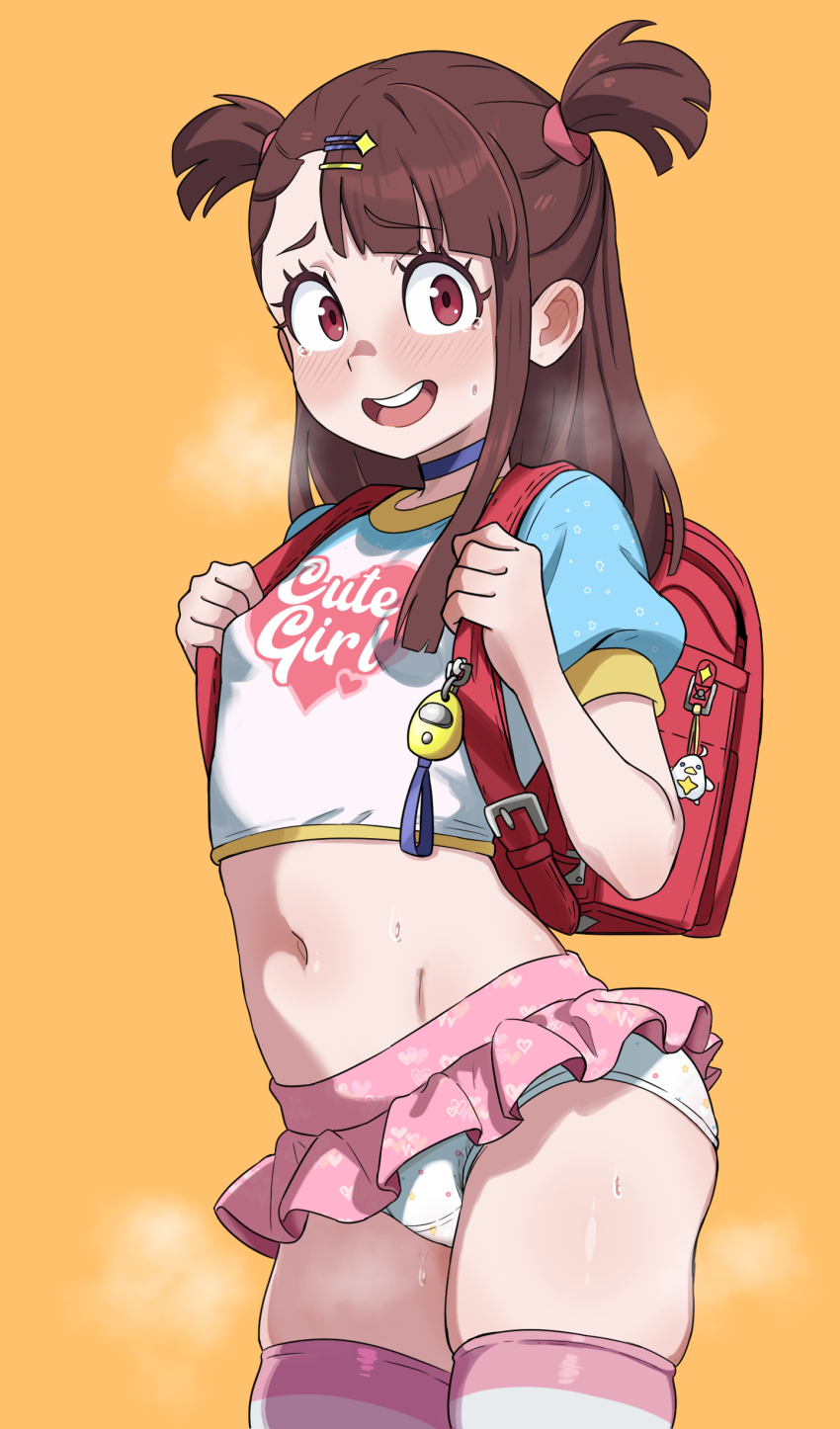 1girl absurdres backpack bag blush breasts brown_hair crime_prevention_buzzer cutiemachina hair_ornament hairclip highres jojifuku kagari_atsuko legs little_witch_academia loli long_hair miniskirt navel panties print_panties randoseru shirt short_twintails skirt small_breasts smile solo stomach striped_clothes striped_thighhighs thighhighs thighs twintails underwear white_panties yellow_background