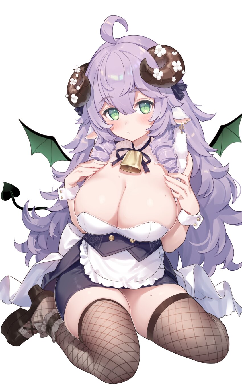 1girl absurdres ahoge animal_ears apron bare_shoulders bell black_shoes black_skirt breasts brown_thighhighs cleavage closed_mouth commission cowbell curled_horns demon_tail drill_hair fishnet_thighhighs fishnets green_eyes grey_hair hands_up highres hiraga_matsuri horns large_breasts long_hair looking_at_viewer mini_wings miniskirt mole mole_on_breast mole_on_thigh neck_ribbon original pencil_skirt ribbon sheep_ears sheep_horns shirt shoes simple_background skeb_commission skindentation skirt solo strapless strapless_shirt tail tailcoat thighhighs thighs twin_drills underbust very_long_hair waist_apron white_background white_shirt wings wrist_cuffs zettai_ryouiki