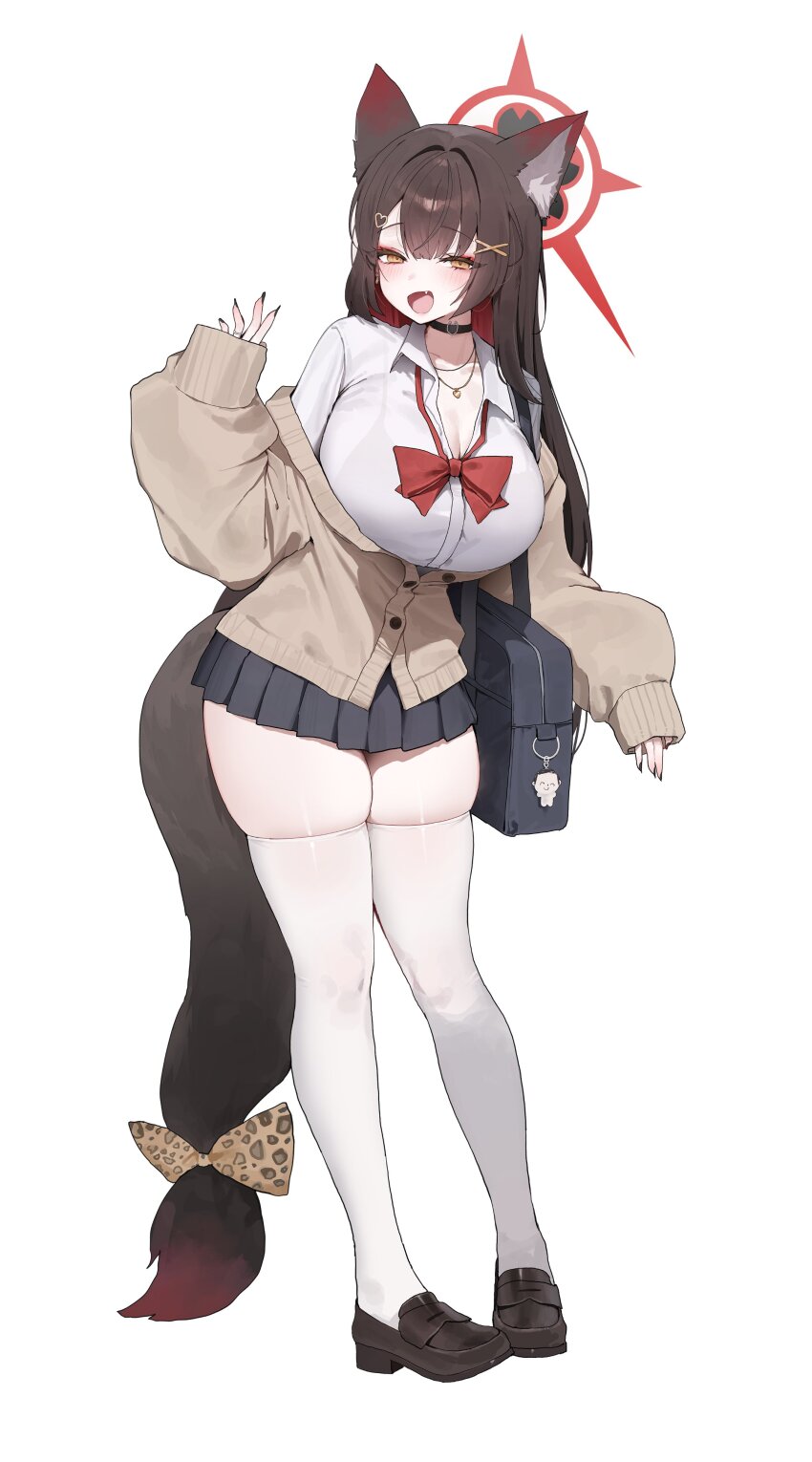 1girl :d absurdres alternate_costume animal_ear_fluff animal_ears animal_print bag black_choker black_hair black_nails black_skirt blue_archive blush bow bowtie bra_visible_through_clothes breasts brown_shoes cardigan cardigan_partially_removed choker cleavage collared_shirt colored_inner_hair commentary eyeshadow fang fox_ears fox_girl fox_tail full_body hair_ornament halo hand_up heart heart_hair_ornament heart_necklace highres jewelry large_breasts leopard_print loafers long_hair long_sleeves looking_at_viewer makeup multicolored_hair necklace open_mouth pleated_skirt red_bow red_bowtie red_eyeshadow red_hair red_halo school_bag school_uniform seya_(sseya33) shirt shoes shoulder_bag simple_background skirt sleeves_past_wrists smile solo standing symbol-only_commentary tail tail_bow tail_ornament thick_thighs thighhighs thighs wakamo_(blue_archive) white_background white_shirt white_thighhighs x_hair_ornament yellow_cardigan yellow_eyes