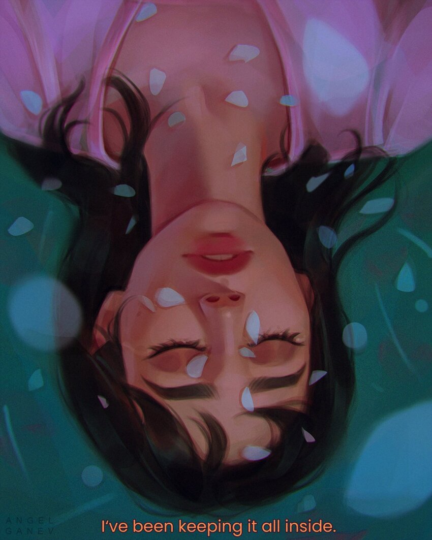 1girl angel_ganev black_hair blue_petals brown_eyeshadow chromatic_aberration closed_eyes commentary english_commentary english_text facing_viewer film_grain green_background hair_behind_ear highres medium_hair original parted_lips pink_shirt portrait realistic red_lips shirt short_bangs simple_background solo subtitled thick_eyebrows u_u upside-down