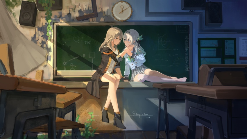 2girls absurdres analog_clock aqua_bow aqua_bowtie aqua_hair black_boots black_gloves black_hairband black_jacket boots bow bowtie buttons chair chalkboard classroom clock commentary_request couple dated desk double-breasted eye_contact firefly_(honkai:_star_rail) firefly_(spring_missive)_(honkai:_star_rail) foot_dangle full_body gloves gradient_hair grey_hair grey_sailor_collar grey_skirt hair_ornament hairband high_heel_boots high_heels highres holding_another's_wrist holding_hands honkai:_star_rail honkai_(series) indoors jacket long_hair looking_at_another multicolored_hair multiple_girls no_shoes official_alternate_costume on_desk open_clothes open_jacket overgrown parted_lips plaid_bow plaid_bowtie plaid_clothes plaid_skirt purple_eyes sailor_collar school_chair school_desk school_uniform serafuku shirt signature single_bare_foot single_glove single_thighhigh sitting skirt smile speaker stelle_(honkai:_star_rail) stuppeter sunlight thigh_strap thighhighs trailblazer_(honkai:_star_rail) wall_clock white_shirt yellow_eyes yokozuwari yuri