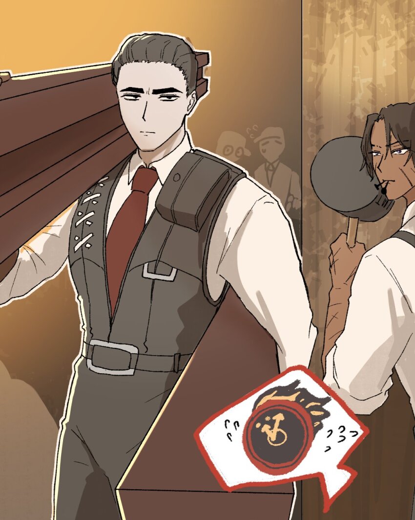 2boys 3others arachnidlegs belt black_hair black_pants black_vest brown_hair clock collared_shirt commentary dante_(limbus_company) dark-skinned_male dark_skin english_commentary fire hammer heathcliff_(project_moon) highres holding holding_hammer limbus_company meursault_(project_moon) multiple_boys multiple_others nail_(hardware) necktie object_head pants project_moon red_necktie shirt short_hair speech_bubble steel_beam sweatdrop vest white_shirt