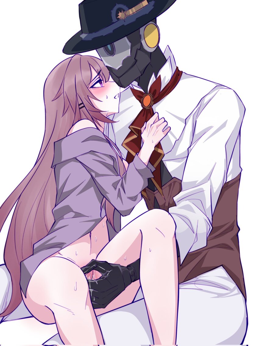 1boy 1girl bare_shoulders black_dress black_hat black_sleeves blush brendav51381173 brown_hair detached_sleeves dress fedora fingering grey_shirt hat herta_(honkai:_star_rail) highres honkai:_star_rail honkai_(series) humanoid_robot long_hair long_sleeves looking_at_another no_pants purple_hair robot screwllum_(honkai:_star_rail) shirt simple_background the_herta_(honkai:_star_rail) white_background white_shirt