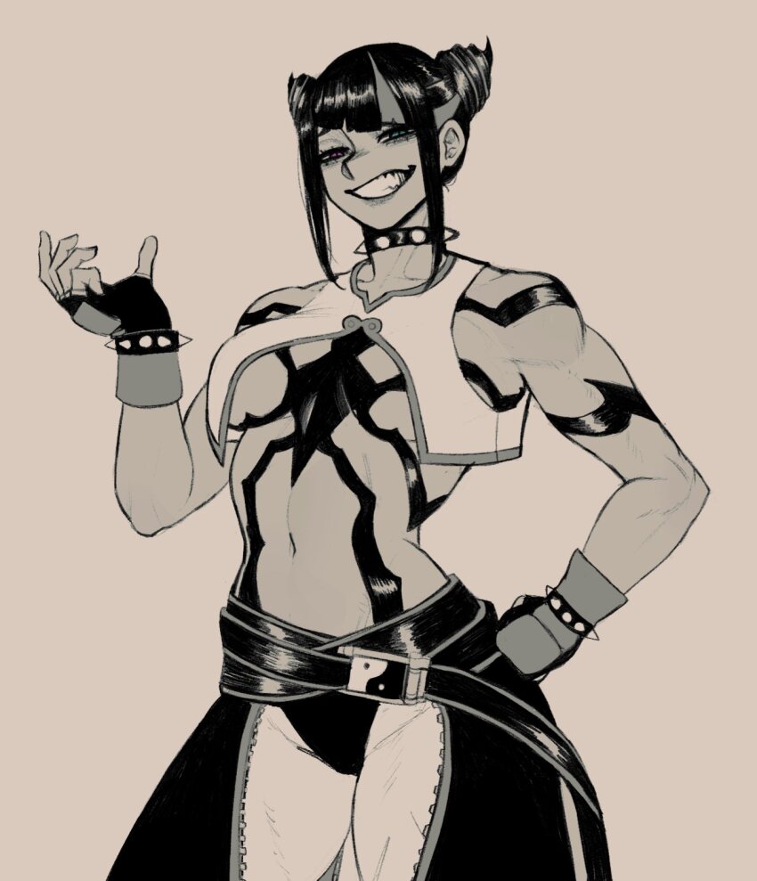 1girl baggy_pants bare_shoulders belt black_hair bracelet breasts capcom cleavage collar commentary cullieon english_commentary evil_smile fingerless_gloves gloves han_juri hand_on_own_hip highres jewelry looking_at_viewer navel pants short_hair smile solo solo_focus spiked_bracelet spiked_collar spikes stomach street_fighter street_fighter_6