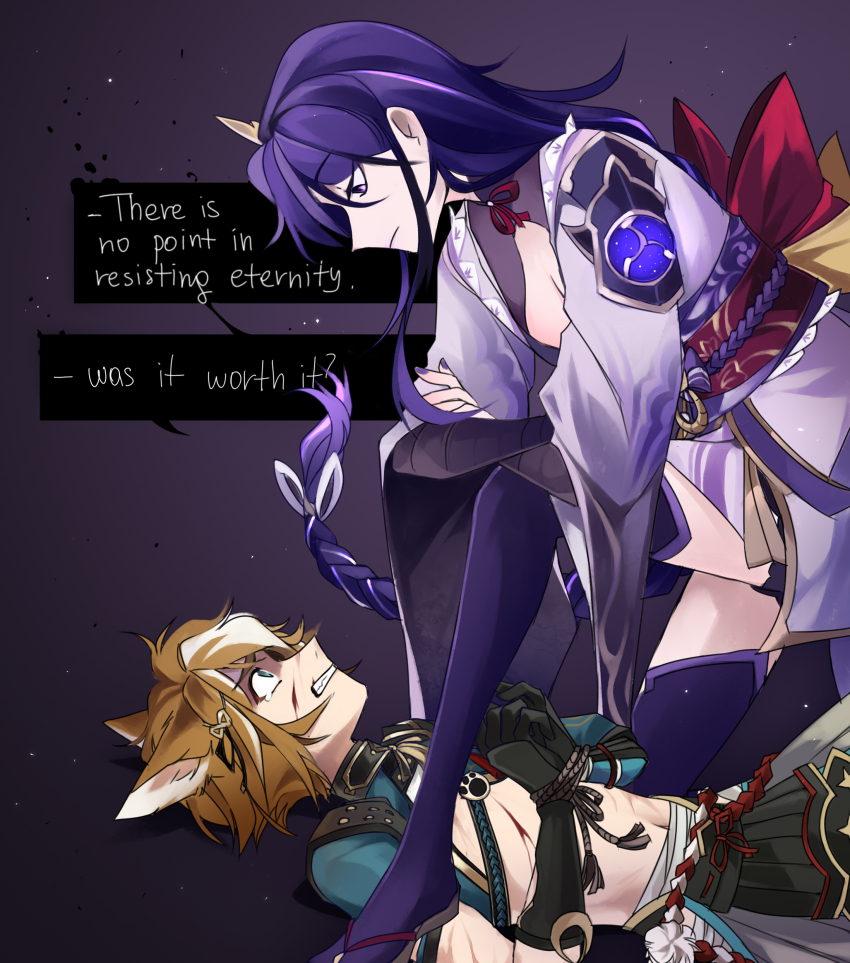 1boy 1girl absurdres angry animal_ears back_bow bleeding blood blood_on_arm blood_on_face blunt_bangs bow braid breasts brown_hair cleavage clenched_teeth commentary crop_top cuts deep_wound defeat dog_boy dog_ears english_commentary english_text expressionless from_side genshin_impact girl_on_top gorou_(genshin_impact) green_eyes guro hair_between_eyes hair_ornament highres injury japanese_clothes kimono large_breasts leaning_forward lingerie long_braid long_hair looking_up lying mrkotittt multicolored_hair navel neck_ribbon off_shoulder on_back on_one_knee purple_eyes purple_hair purple_kimono purple_thighhighs raiden_shogun red_ribbon red_sash ribbon ryona sash scared scratches shaded_face short_sleeves single_braid speech_bubble stomach streaked_hair tearing_up teeth thighhighs underwear upper_body