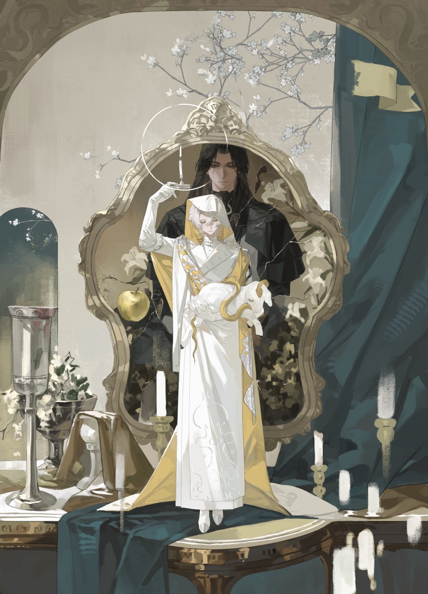 2boys absurdres animal black_cape black_hair branch brown_eyes candle candlestand cape closed_mouth elbow_gloves expressionless flower full_body gloves goat highres holding_candlestand long_hair looking_to_the_side male_focus multiple_boys original parted_bangs picture_frame robe shoes short_hair snake standing two-sided_fabric two-sided_veil veil white_flower white_gloves white_robe white_shoes white_veil yellow_eyes yellow_snake z12_ze_yao_er