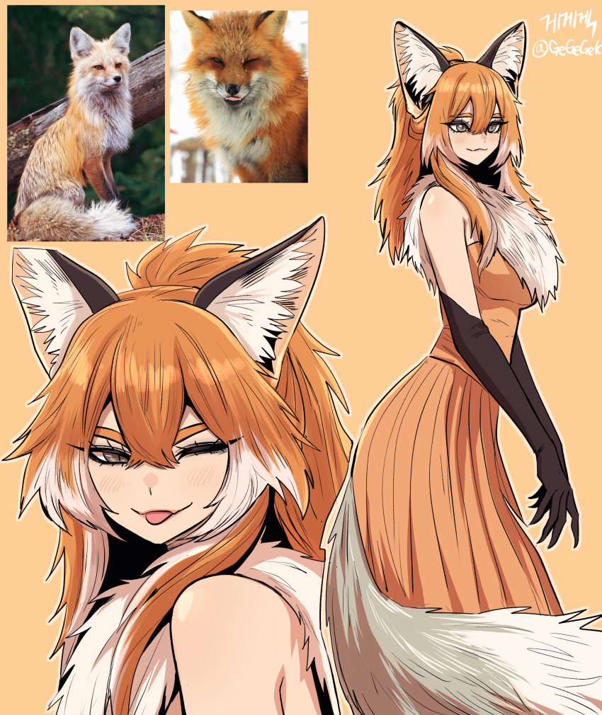 1girl :p animal_ear_fluff animal_ears bare_shoulders black_gloves blush breasts dress elbow_gloves fox fox_ears fox_girl fox_tail gegegekman gloves grey_eyes high_ponytail highres long_hair looking_at_viewer medium_breasts messy_hair multicolored_hair one_eye_closed orange_background orange_dress orange_hair original photo_inset ponytail reference_inset sidelocks smile tail tongue tongue_out
