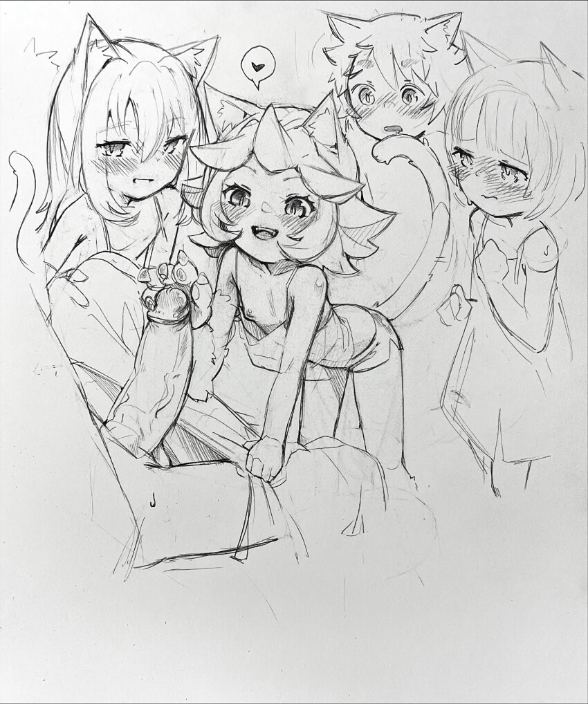 1boy 4girls age_difference animal_ears bad_tag blush cat_ears cat_tail excited excited_for_sex flat_chest gloves harem heart highres imminent_fellatio imminent_group_sex imminent_handjob imminent_penetration loli looking_at_penis monochrome multiple_girls naughty_face paw_gloves penis penis_awe penis_grab renocoffee seductive_gaze seductive_smile simple_background size_difference smile smug tail traditional_media uncensored white_background