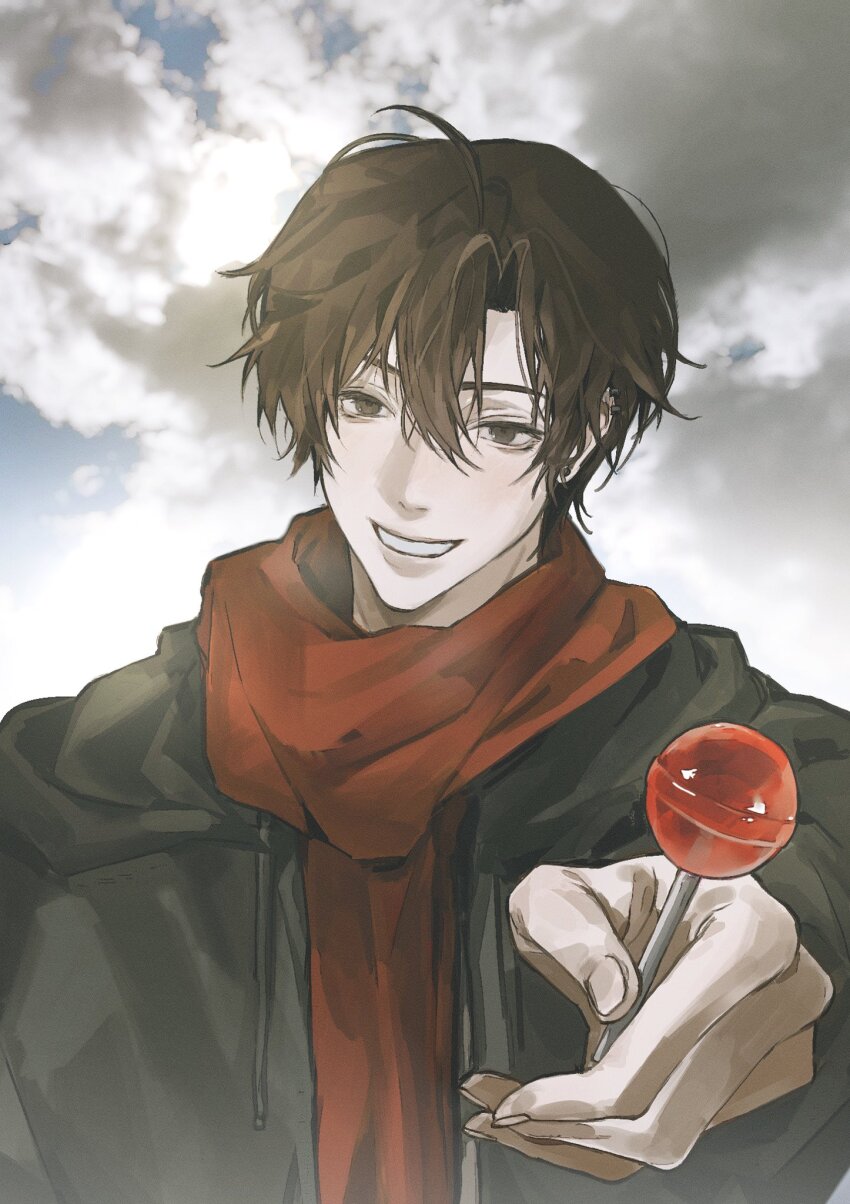 1boy ahoge alternate_costume alternate_hair_length alternate_hairstyle alternate_universe black_hair black_jacket brown_eyes brown_hair candy candy_apple cloud cloudy_sky commentary_request contemporary drawstring food grin hair_between_eyes highres holding holding_candy holding_food holding_lollipop hood hood_down hooded_jacket jacket korean_commentary lollipop looking_at_viewer male_focus modao_zushi outdoors red_scarf scarf short_hair sky smile solo tama_(y_ung_1) teeth upper_body wei_wuxian