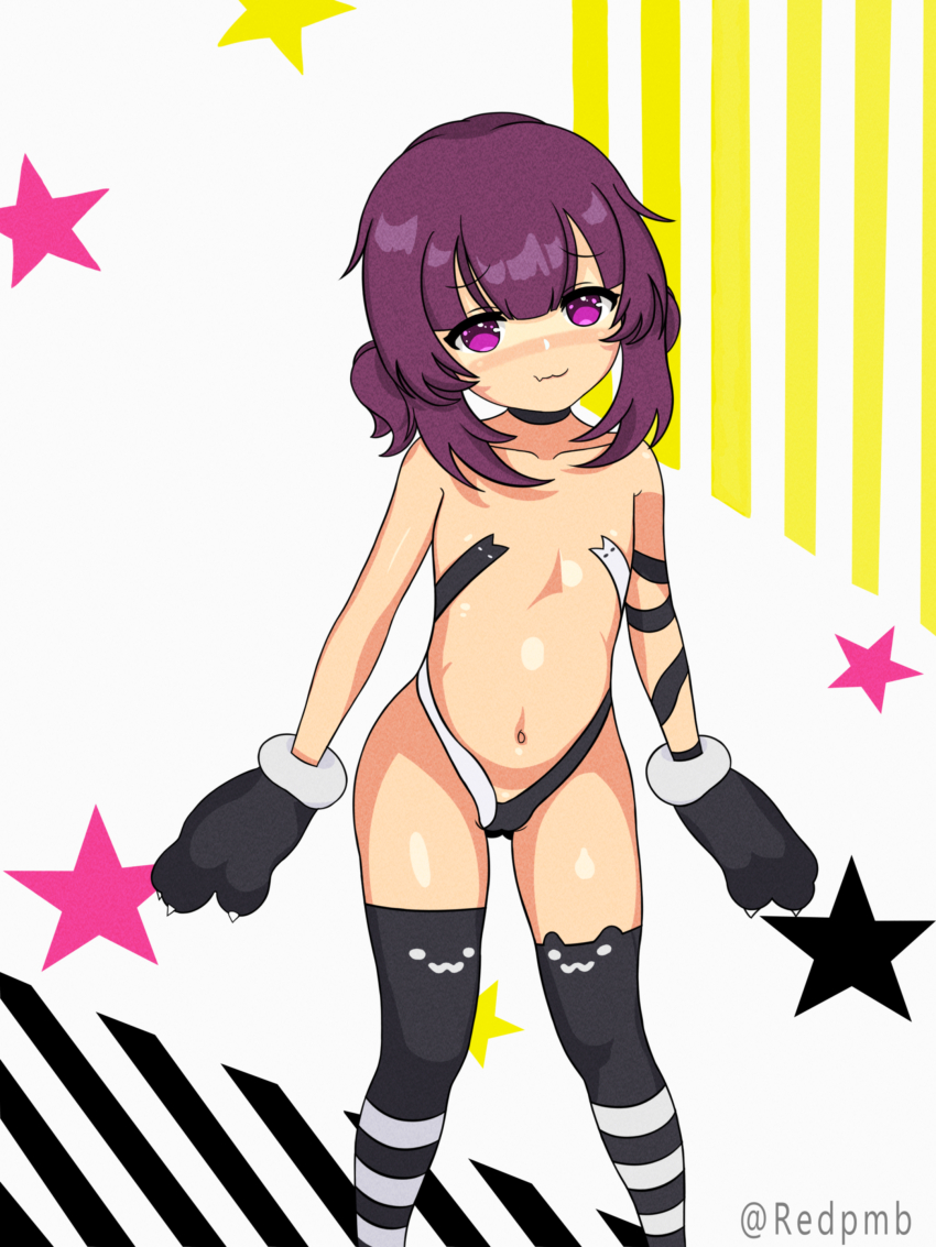 1girl :3 absurdres animal_ear_legwear animal_hands asymmetrical_legwear black_choker black_gloves black_thighhighs blush cameltoe cat_ear_legwear cat_paws choker collarbone cosplay fallenshadow fang feet_out_of_frame flat_chest gloves highres indie_virtual_youtuber loli looking_at_viewer medium_hair navel paw_gloves purple_eyes purple_hair redpmb revealing_clothes short_hair short_twintails smile solo solo_focus standing star_(symbol) striped_clothes thighhighs topless_female twintails twitter_username virtual_youtuber