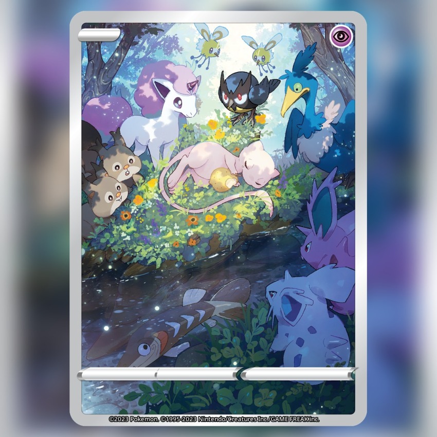 :o arrokuda berry_(pokemon) card_(medium) closed_eyes closed_mouth commentary company_name copyright_name copyright_notice cramorant cutiefly english_commentary flower flying food fruit galarian_form galarian_ponyta gen_1_pokemon gen_7_pokemon gen_8_pokemon grass green_eyes horns legendary_pokemon lying mew_(pokemon) murayama_ryota mythical_pokemon nidoran nidoran_(female) nidoran_(male) nintendo no_humans official_art on_side open_mouth outdoors pokemon pokemon_(creature) pokemon_card pokemon_focus pokemon_tcg red_eyes rookidee single_horn sitrus_berry skwovet smile textless_version third-party_source trading_card tree water