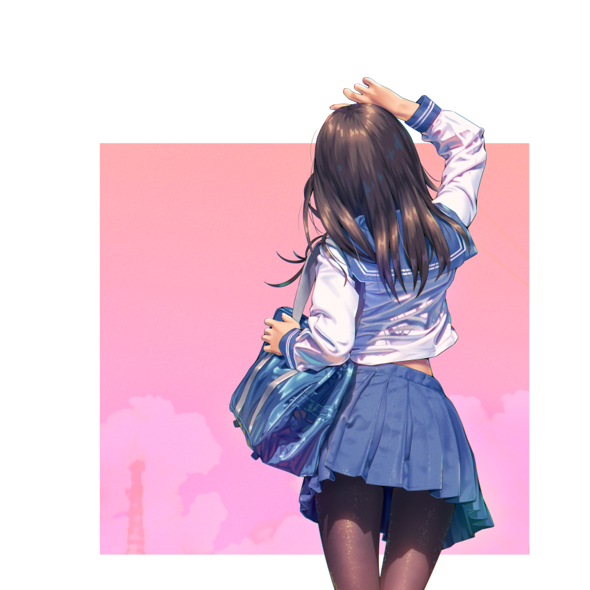 1girl a.x. absurdres arm_up bag blue_skirt brown_hair cloud commentary_request highres long_hair original outdoors pantyhose photo-referenced pleated_skirt school_uniform serafuku simple_background skirt sky solo white_background