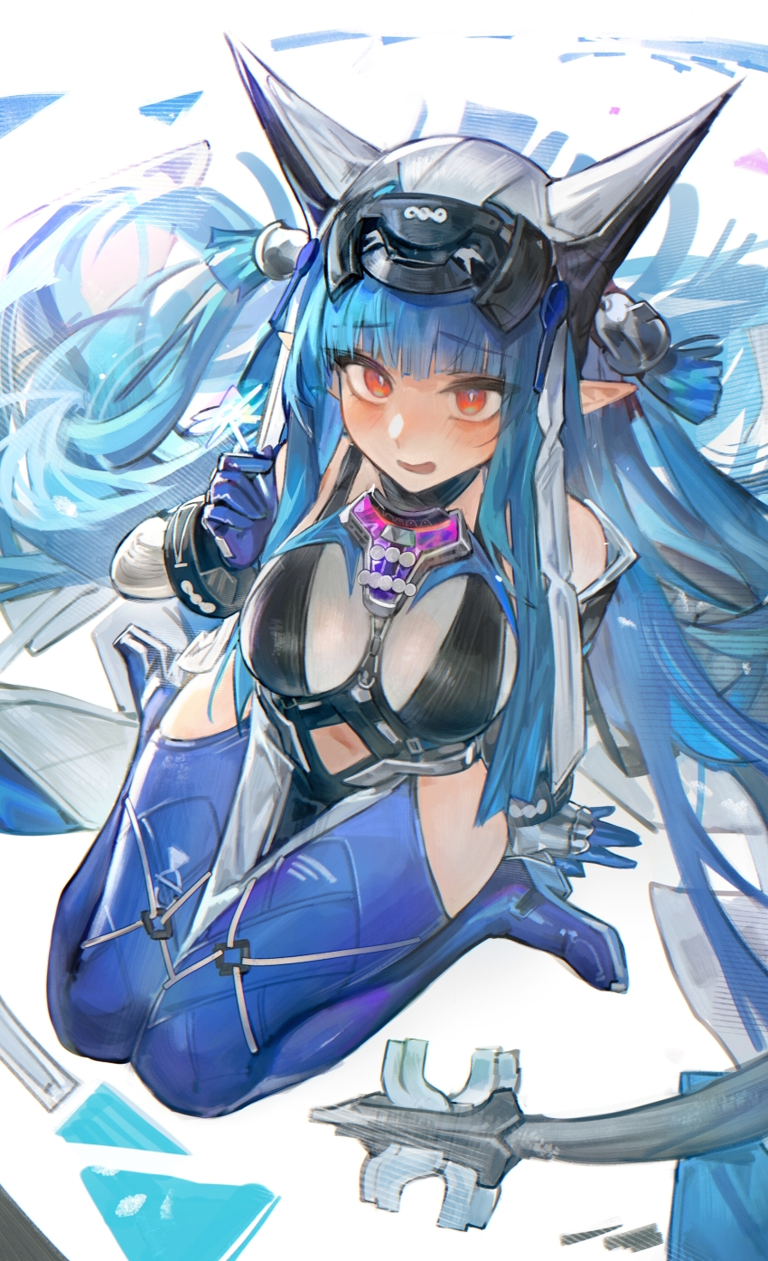 1girl absurdres arknights arknights:_endfield blue_boots blue_gloves blue_hair boots breasts bright_pupils clothing_cutout commentary covered_horns from_above full_body gloves highres hip_vent large_breasts last_rite_(arknights) long_hair looking_at_viewer lucadark_art navel parted_lips pointy_ears raised_inner_eyebrows red_eyes sitting solo stomach_cutout thigh_boots very_long_hair wariza