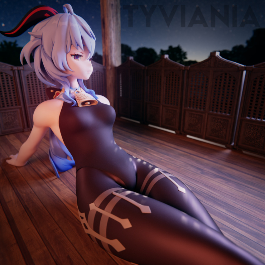 1girl 3d black_pantyhose blue_hair breasts cowbell ganyu_(genshin_impact) genshin_impact half-closed_eyes horns leotard medium_breasts pantyhose purple_eyes sitting skin_tight solo tyviania
