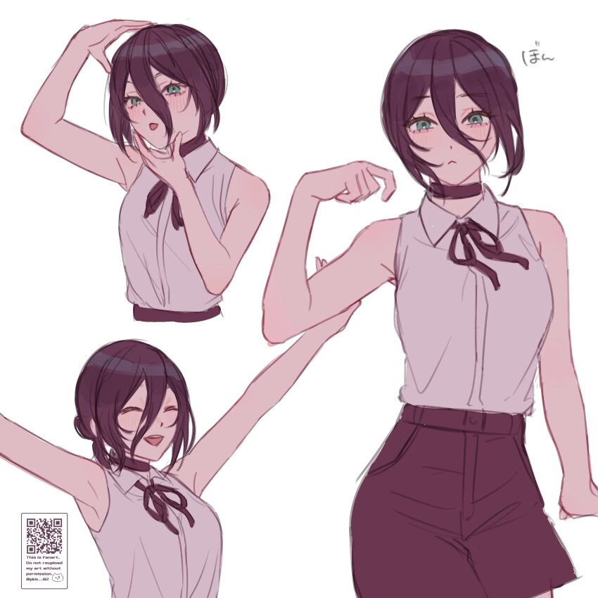 1girl absurdres bare_arms bare_shoulders black_choker black_ribbon black_shoes breasts chainsaw_man choker closed_eyes collared_shirt commentary_request cowboy_shot gm_gn8 green_eyes hair_between_eyes hair_bun hand_on_own_chin highres light_blush medium_breasts medium_hair multiple_views neck_ribbon open_mouth outstretched_arms purple_hair qr_code reze_(chainsaw_man) ribbon shirt shoes sleeveless sleeveless_shirt smile solo tongue tongue_out updo upper_body white_background white_shirt
