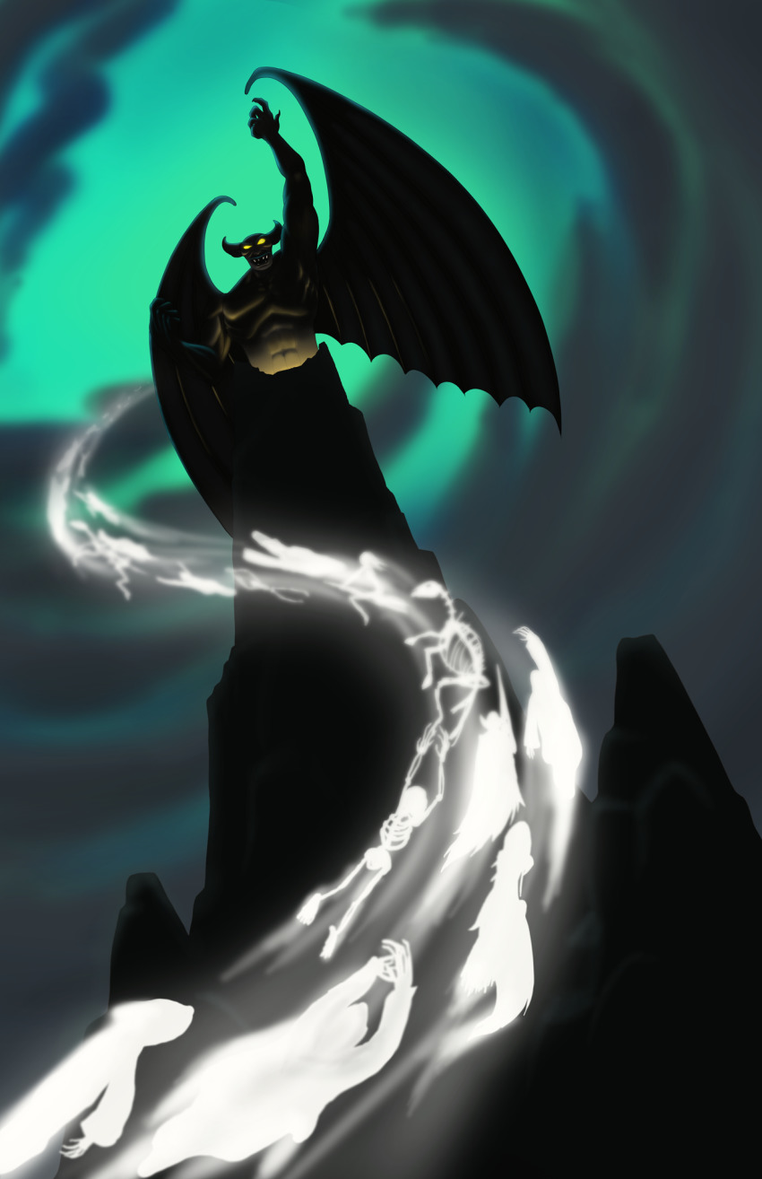 1boy bald chernabog_(disney) colored_skin demon demon_wings disney fantasia_(disney) highres mountain night night_on_bald_mountain bad_tag quesm rising skeleton skeleton_horse souls wings