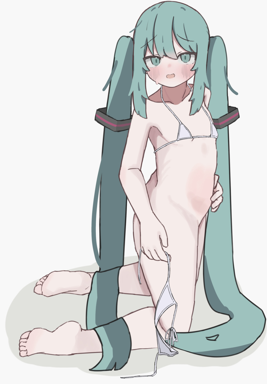 1girl 3d absurdly_long_hair absurdres axys bikini blue_eyes blue_hair commentary embarrassed flat_chest hair_ornament hatsune_miku highres loli long_hair looking_at_viewer open_mouth panties swimsuit twintails underwear very_long_hair vocaloid white_background white_bikini white_panties